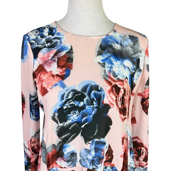 CeCe Pink Peony Floral Print Long Sleeve Peplum Chiffon Tunic Blouse - Picture 4 of 10